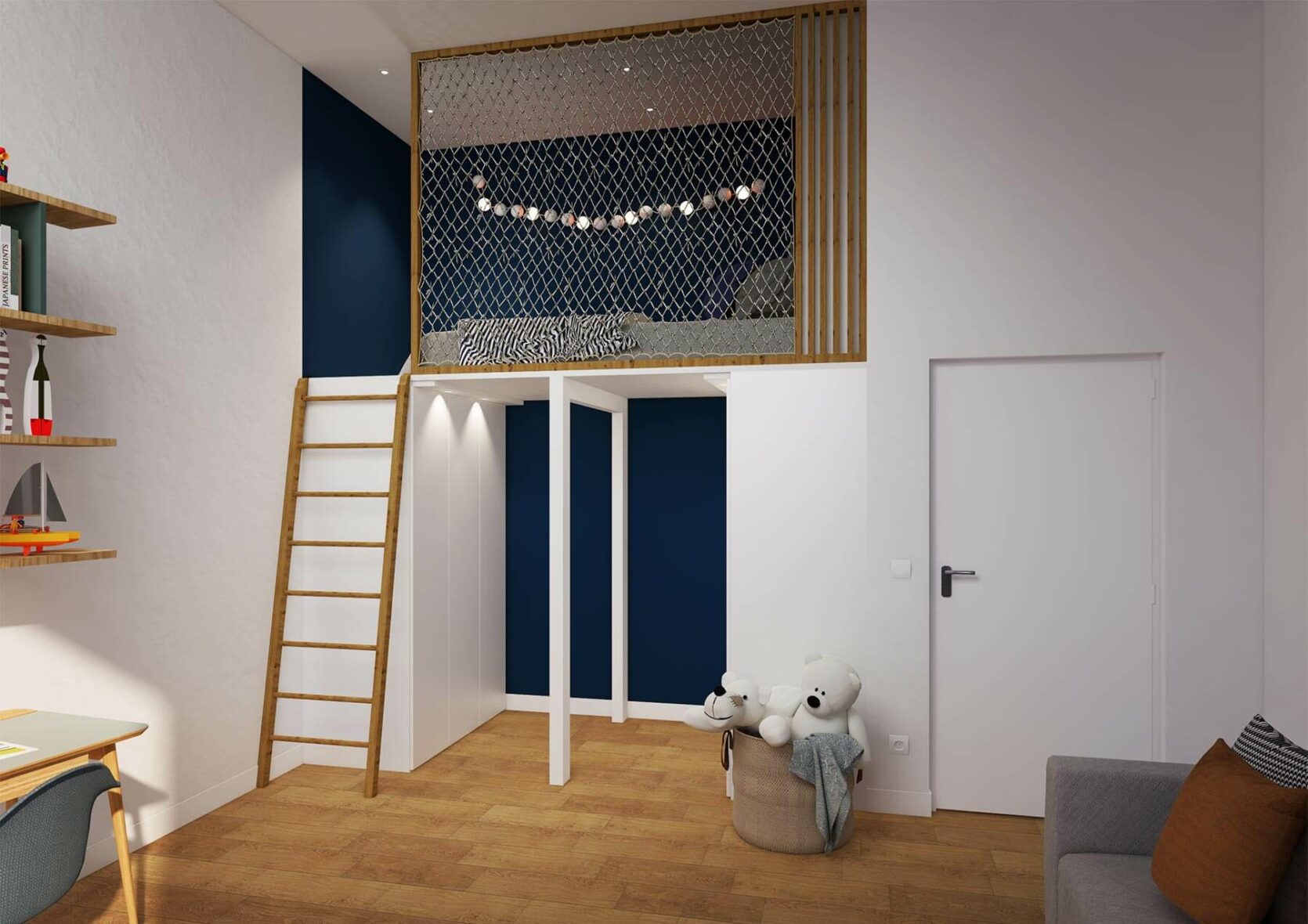 Mezzanine sur mesure avec dressing dans chambre ado à Strasbourg vue 3D