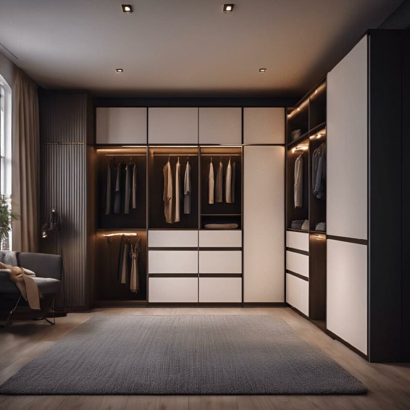 Dressing sur mesure en angle blanc et bois sombre