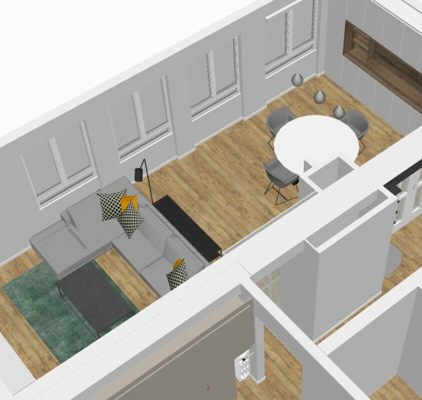 Plan 3D de l'agencement d'un salon rectangulaire