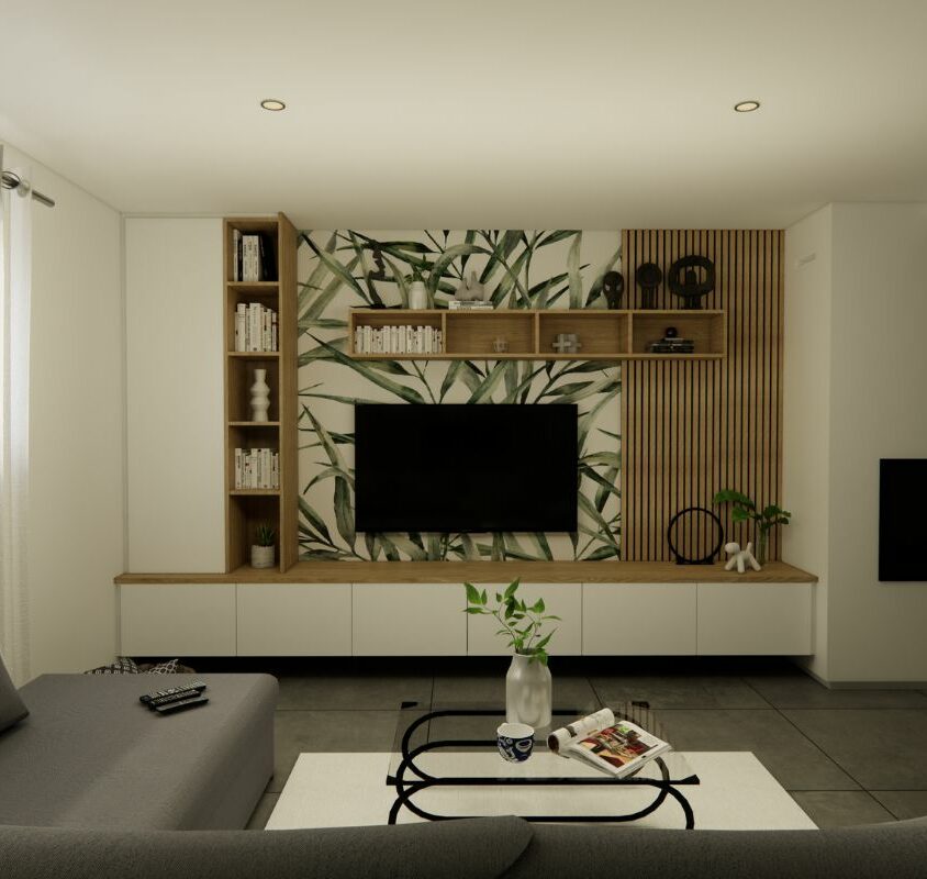 Petit salon avec murs et plafond blancs et avec un meuble TV avec fond tapisserie florale