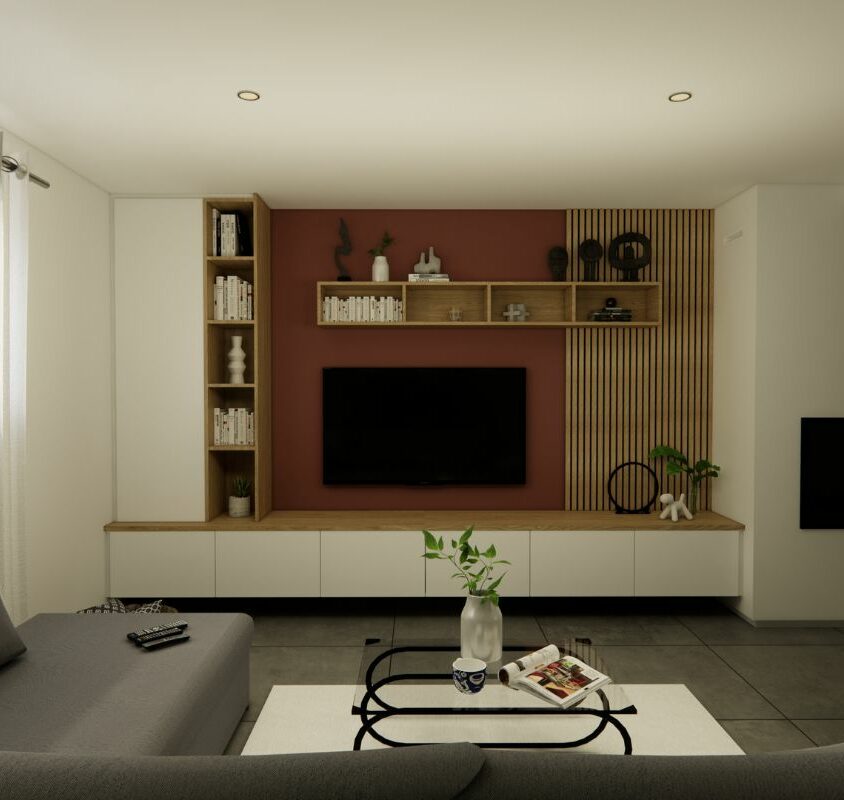 Petit salon aménagé avec un meuble tv sur mesure avec peinture rouge sur le fond, les autres murs en blanc