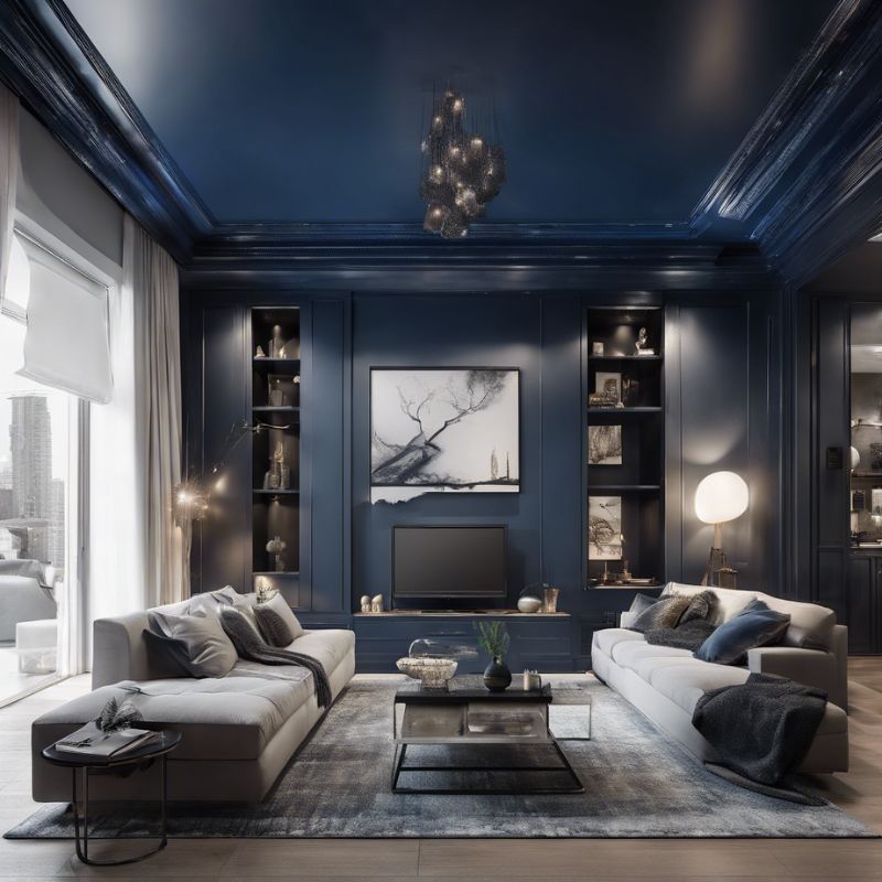 Grand salon avec peinture bleu foncée sur les murs et le plafond