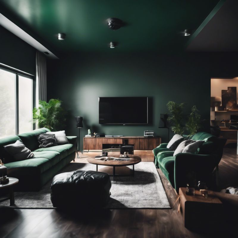 Grand salon cosy avec peinture verte foncée sur les murs et au plafond