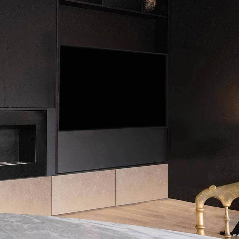 Mur de rangement sur mesure et meuble TV au Luxembourg noir mat design luxe