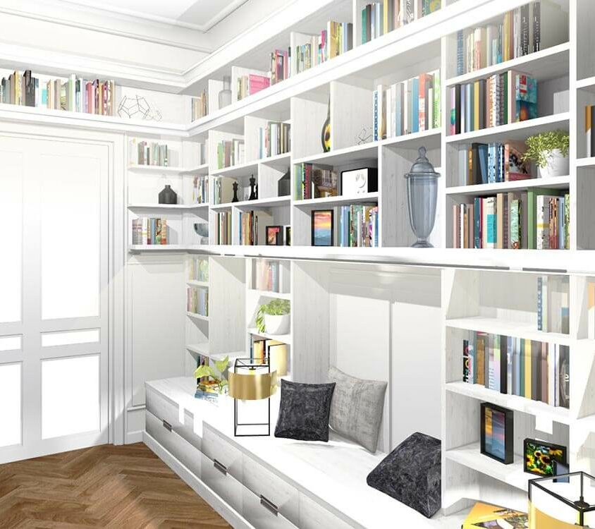 Projet 3D d'une Bibliothèque sur mesure blanche en angles réalisée à Strasbourg par BeHome Interiors