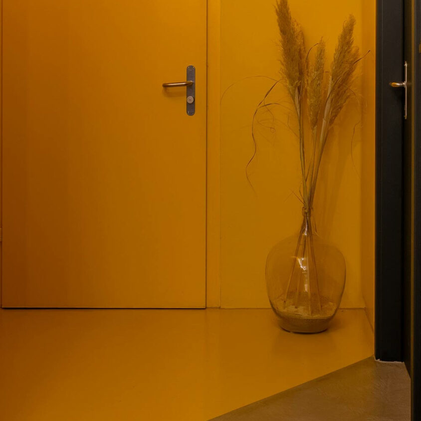 Aménagement d'une entrée à Paris avec peinture murale et sol jaune, ainsi que la porte
