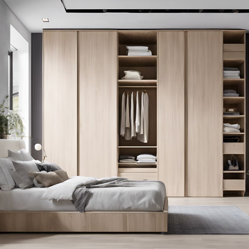 Aménagement d'une grand chambre avec dressing sur mesure en bois clair sur tout le long d'un mur