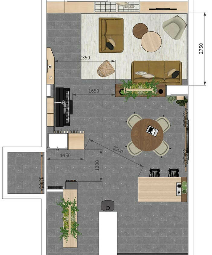 Plan d'architecte du réaménagement d'un salon séjour cuisine près de Lausanne