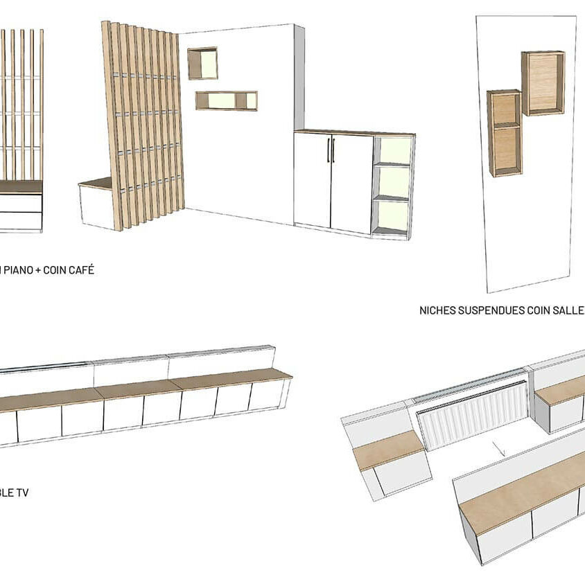 Plan d'architecte de meubles sur mesure destinés au réaménagement d'un séjour près de Lausanne