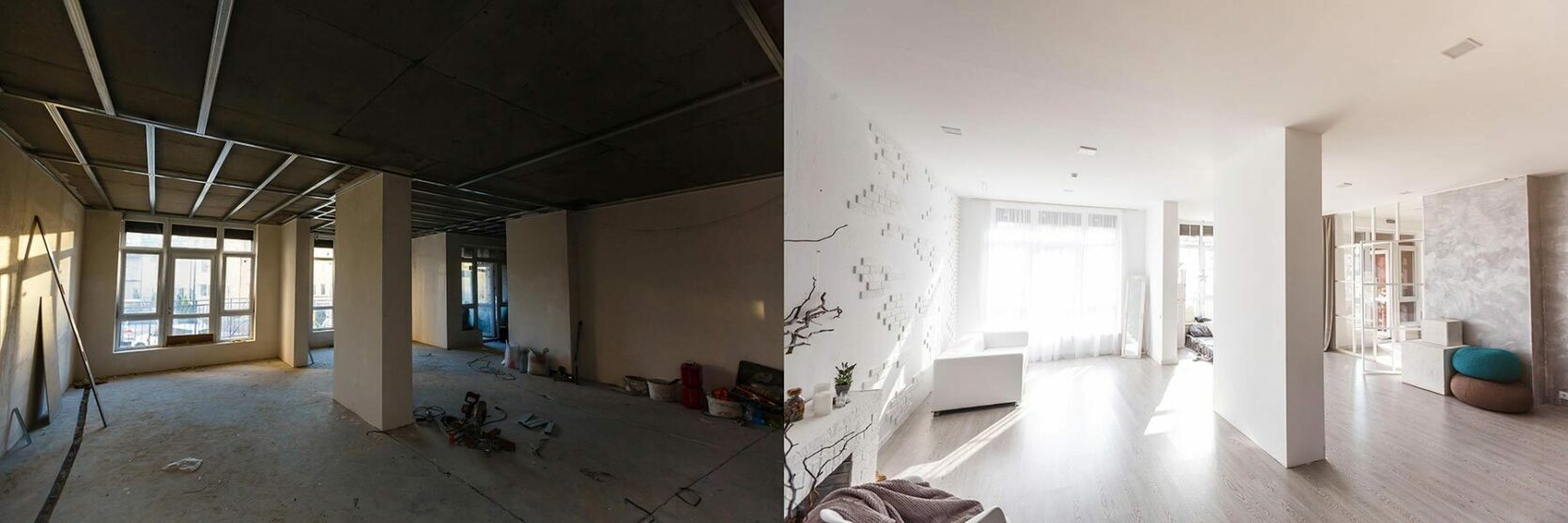 Rénovation d'Appartement ancien avant après grande pièce