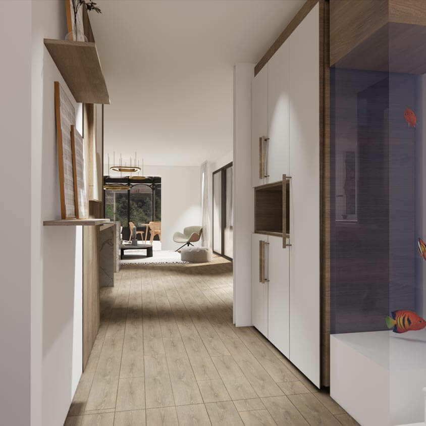 Rénovation de cuisine à Les Cullayes près de Lausanne, vue 3D projet entrée