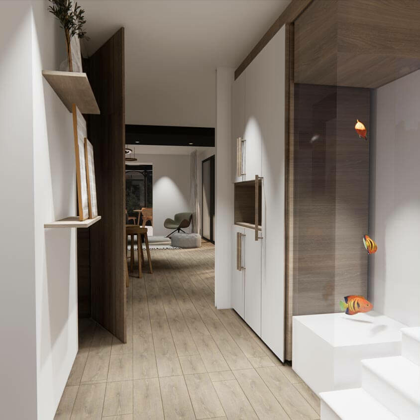 Rénovation de cuisine à Les Cullayes près de Lausanne, vue 3D projet entrée