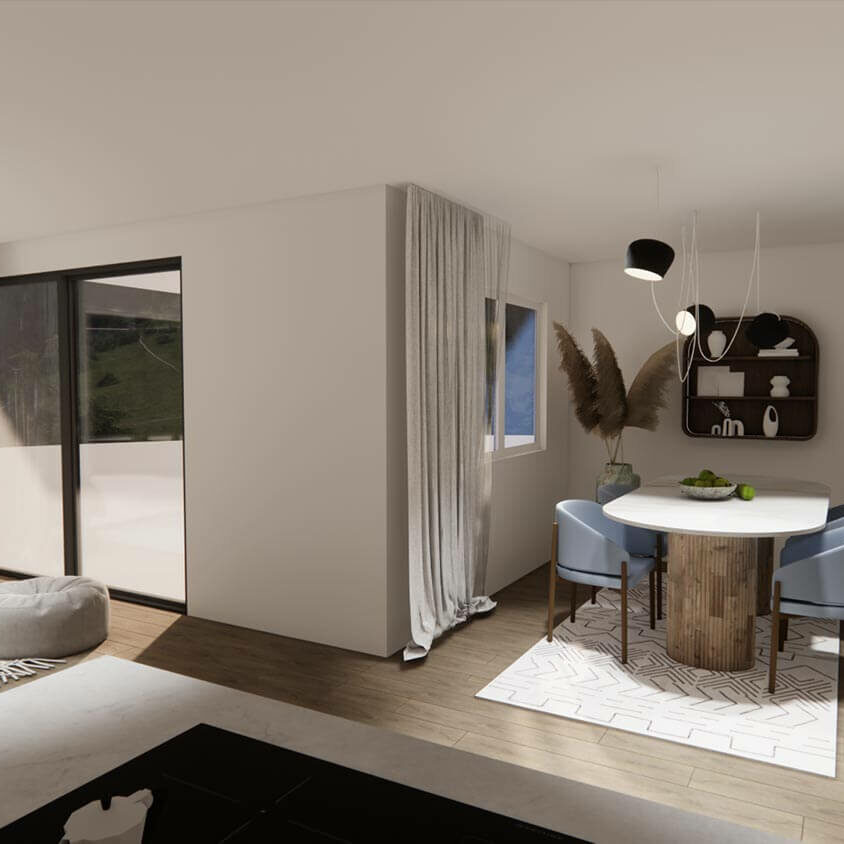 Rénovation de cuisine à Les Cullayes près de Lausanne, vue 3D projet côté salon
