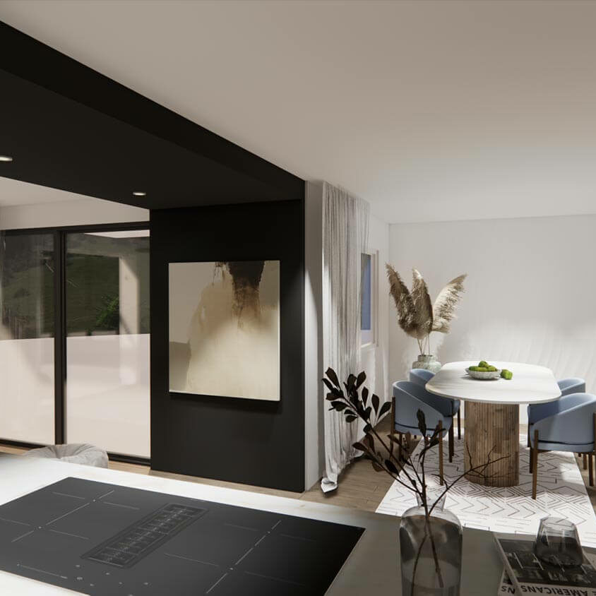 Rénovation de cuisine à Les Cullayes près de Lausanne, vue 3D projet côté salon