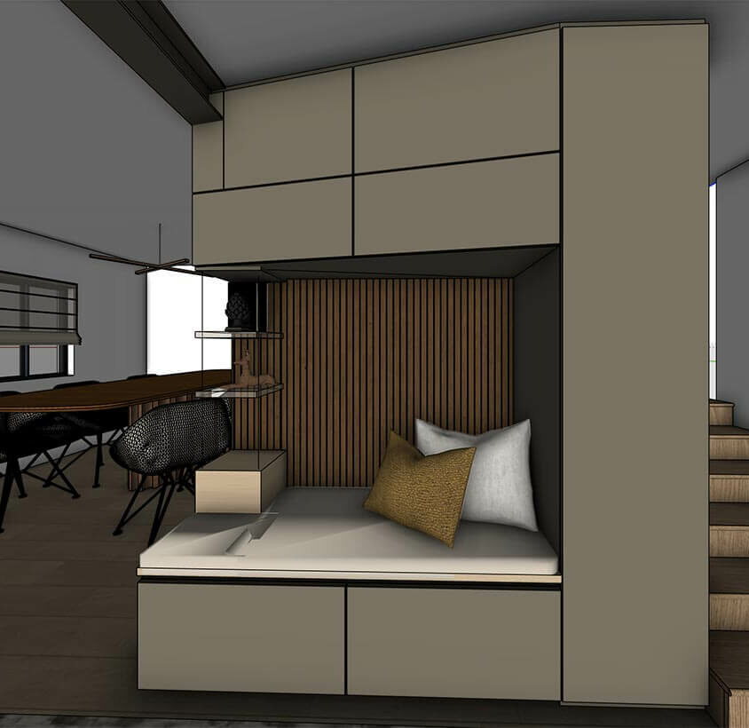 Rénovation de cuisine à Les Cullayes près de Lausanne, vue 3D projet ouvert sur salon