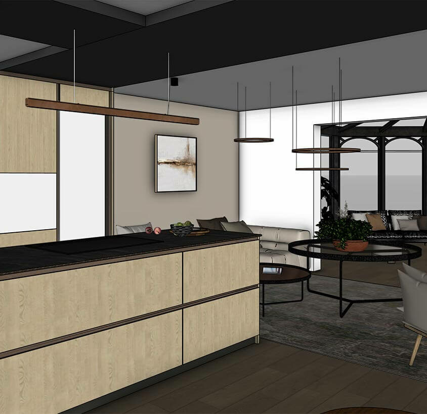 Rénovation de cuisine à Les Cullayes près de Lausanne, vue 3D projet ouvert