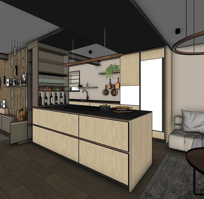 Rénovation de cuisine à Les Cullayes près de Lausanne, vue 3D projet ouvert
