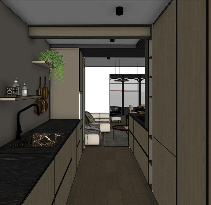Rénovation de cuisine à Les Cullayes près de Lausanne, vue 3D projet ouvert