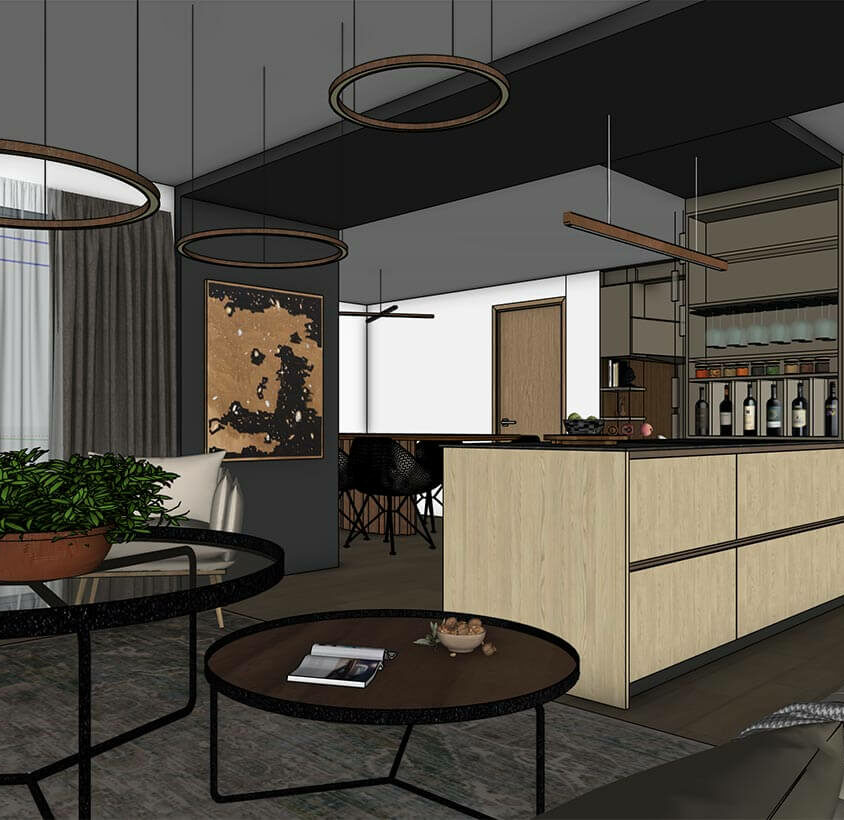 Rénovation de cuisine à Les Cullayes près de Lausanne, vue 3D projet ouvert