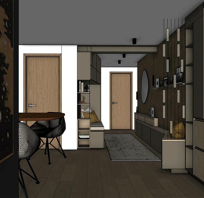 Rénovation de cuisine à Les Cullayes près de Lausanne, vue 3D projet ouvert sur salon