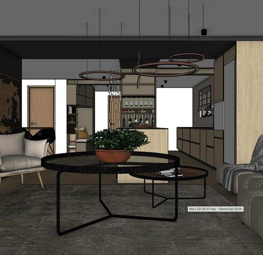 Rénovation de cuisine à Les Cullayes près de Lausanne, vue 3D projet ouvert sur salon