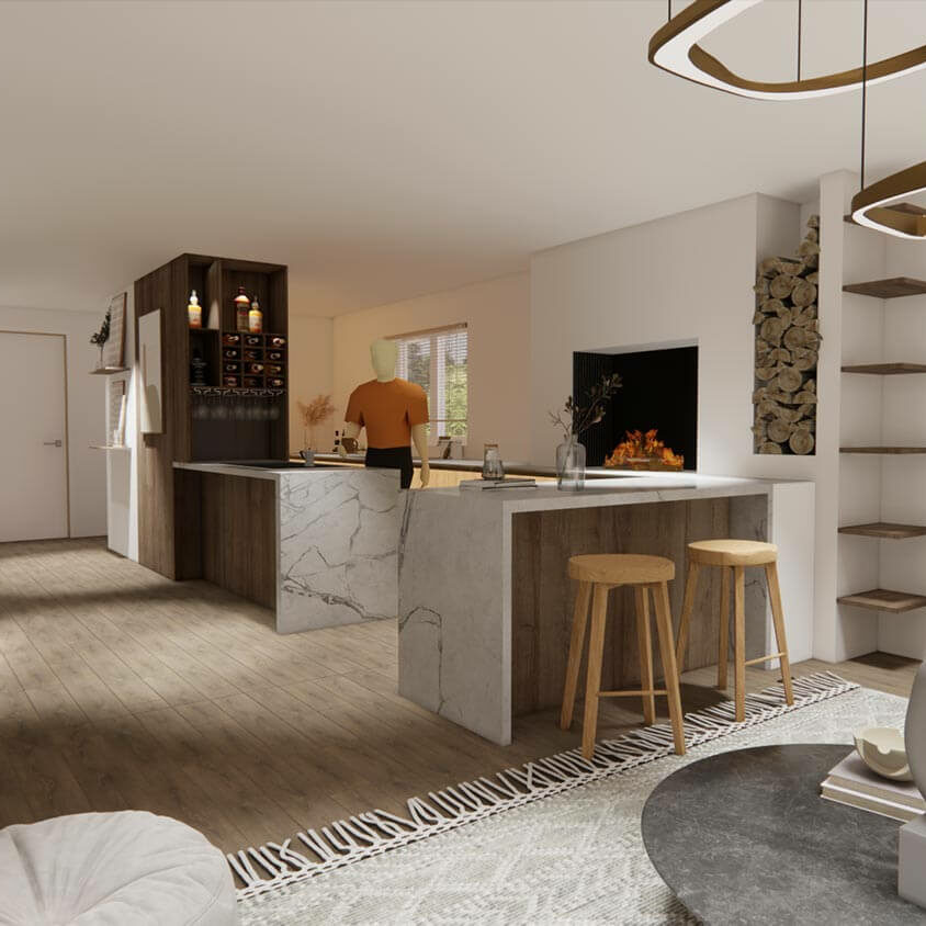Rénovation de cuisine à Les Cullayes près de Lausanne, vue 3D projet vu du salon