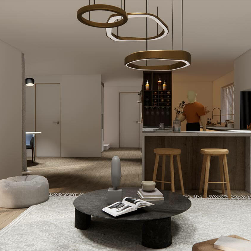 Rénovation de cuisine à Les Cullayes près de Lausanne, vue 3D projet vu du salon
