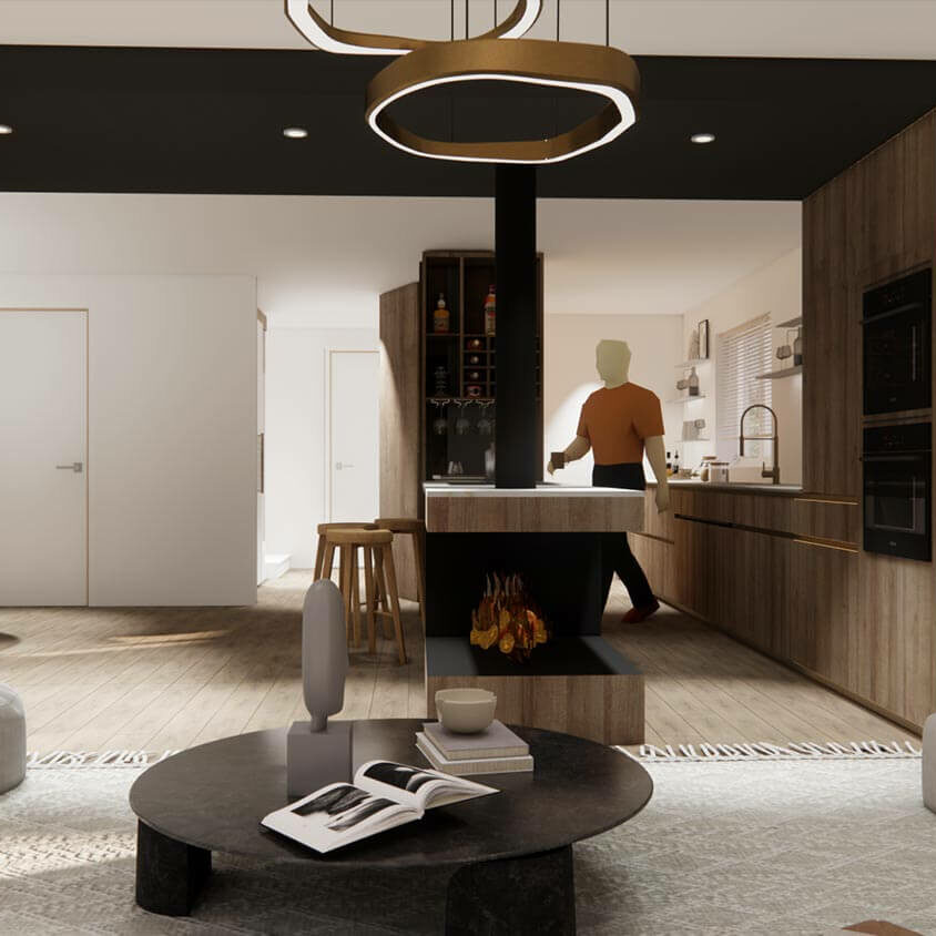Rénovation de cuisine à Les Cullayes près de Lausanne, vue 3D projet vu du salon
