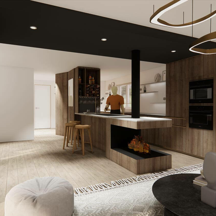 Rénovation de cuisine à Les Cullayes près de Lausanne, vue 3D projet vu du salon