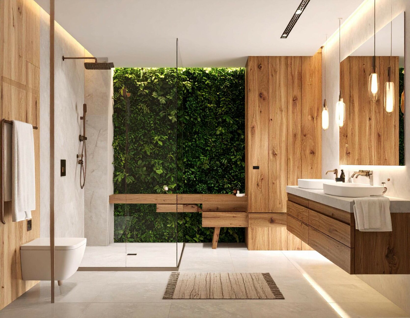 Un espace chaleureux mêlant bois massif, lumière naturelle et touches végétales pour une salle de bain pleine de sérénité.