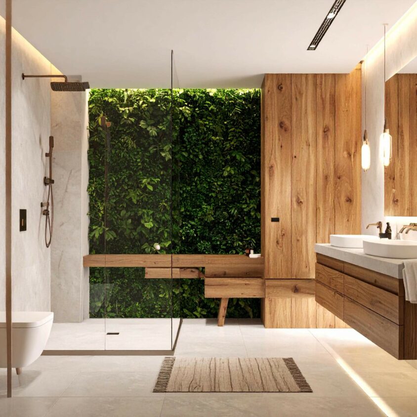 Un espace chaleureux mêlant bois massif, lumière naturelle et touches végétales pour une salle de bain pleine de sérénité.