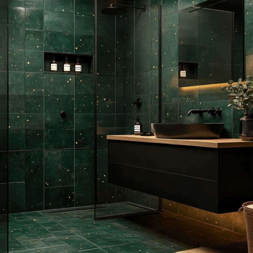 Douche italienne avec carrelage mural et niche rétroéclairée