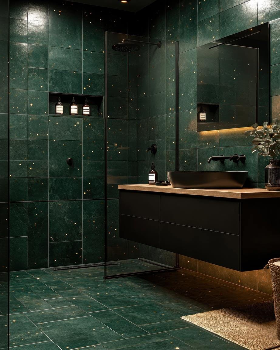 Douche italienne avec carrelage mural et niche rétroéclairée