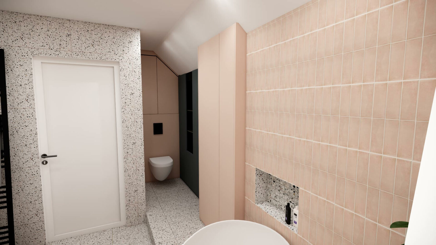 Rangement intégré dans une salle de bain pour optimiser l’espace, coin WC.