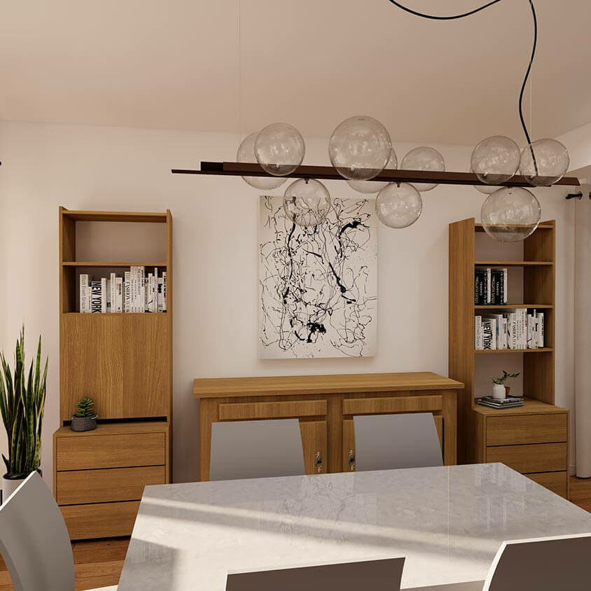 Rendu 3D du projet de rénovation de salon au Luxembourg avec plusieurs meubles