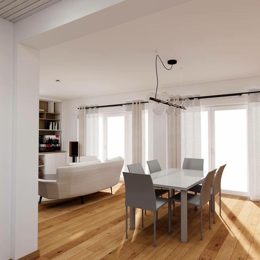 Rendu 3D du projet de rénovation de salon au Luxembourg, vue depuis angle
