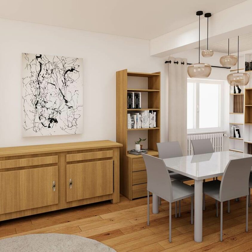 Rendu 3D du projet de rénovation de salon séjour avec table à manger au Luxembourg