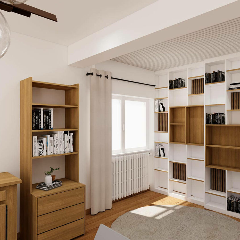 Rendu 3D du projet de rénovation de salon au Luxembourg, vue sur angle mobilier