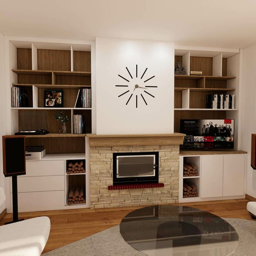 Rendu 3D du projet de rénovation de salon au Luxembourg avec meuble sur mesure autour d'une cheminée