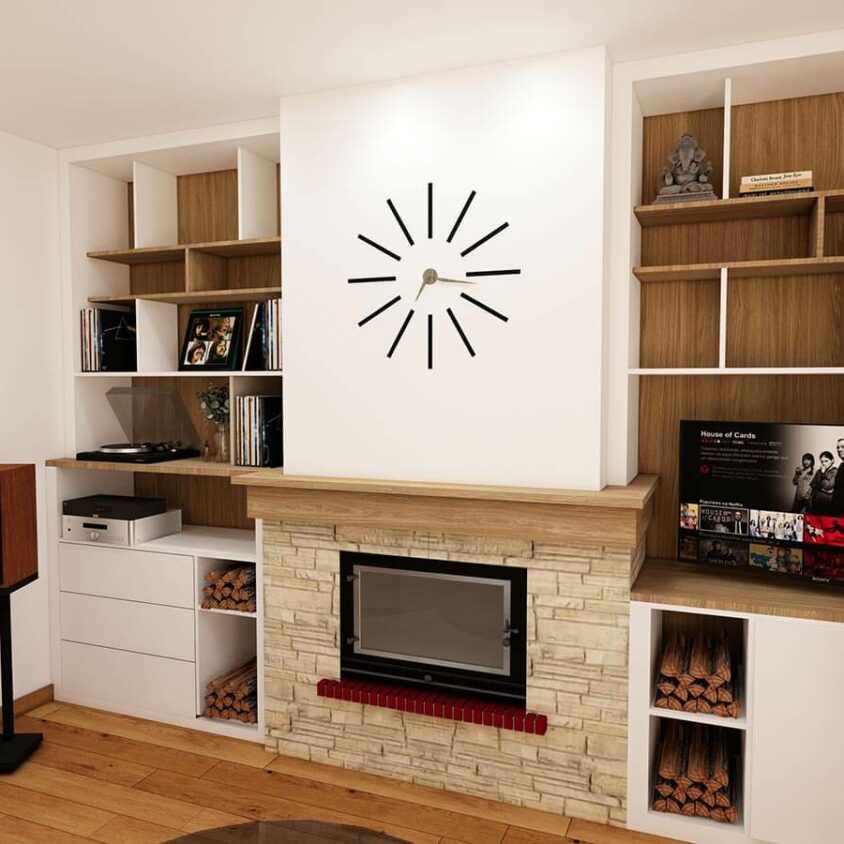 Rendu 3D du projet de rénovation de salon avec cheminée au Luxembourg