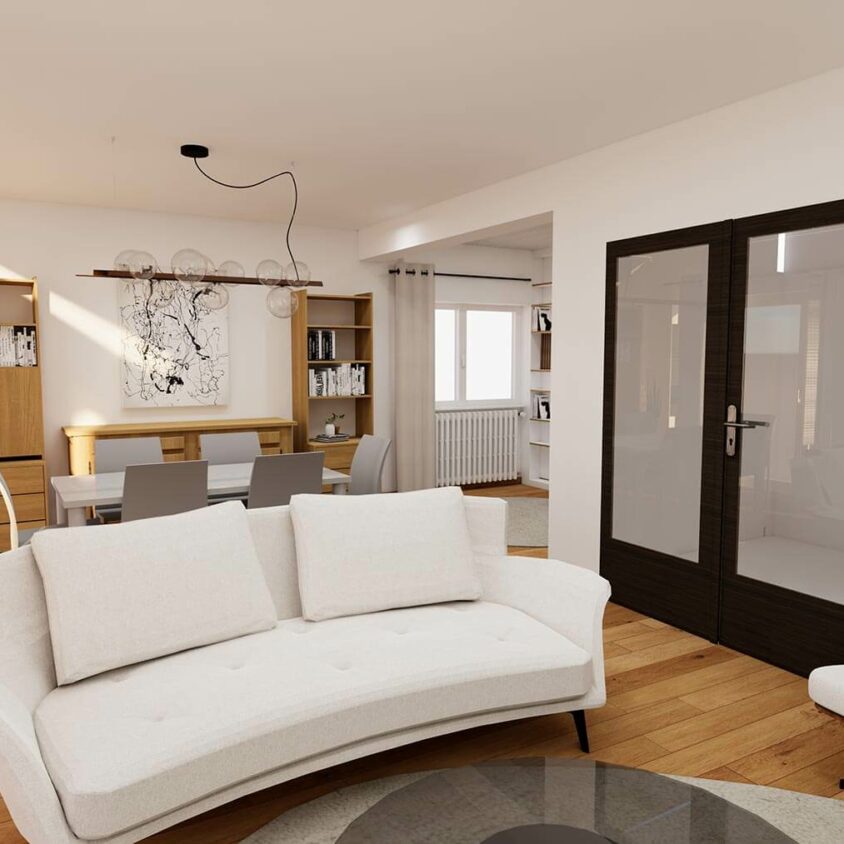 Rendu 3D du projet de rénovation de salon au Luxembourg, vue sur la pièce
