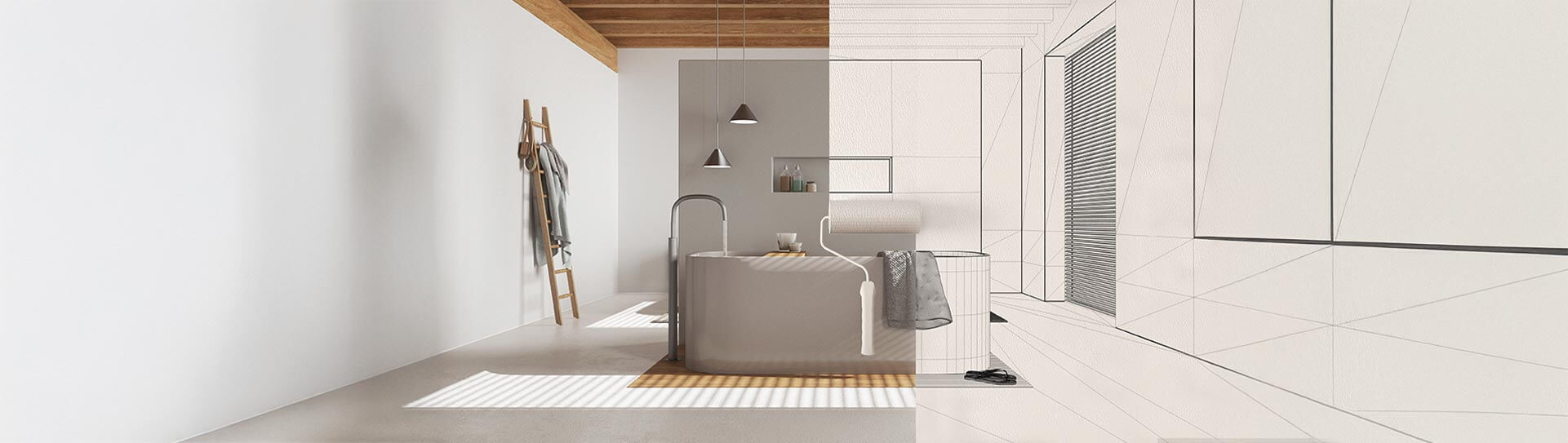 Transformer une chambre en salle de bain : visualisation 3D et rendu final d’une rénovation moderne avec baignoire îlot et matériaux naturels