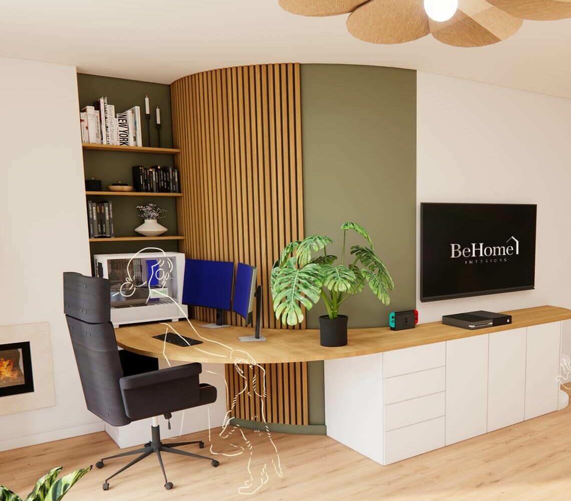 Bureau gamer moderne vert avec meuble TV sur-mesure et rangements intégrés devant un mur courbé