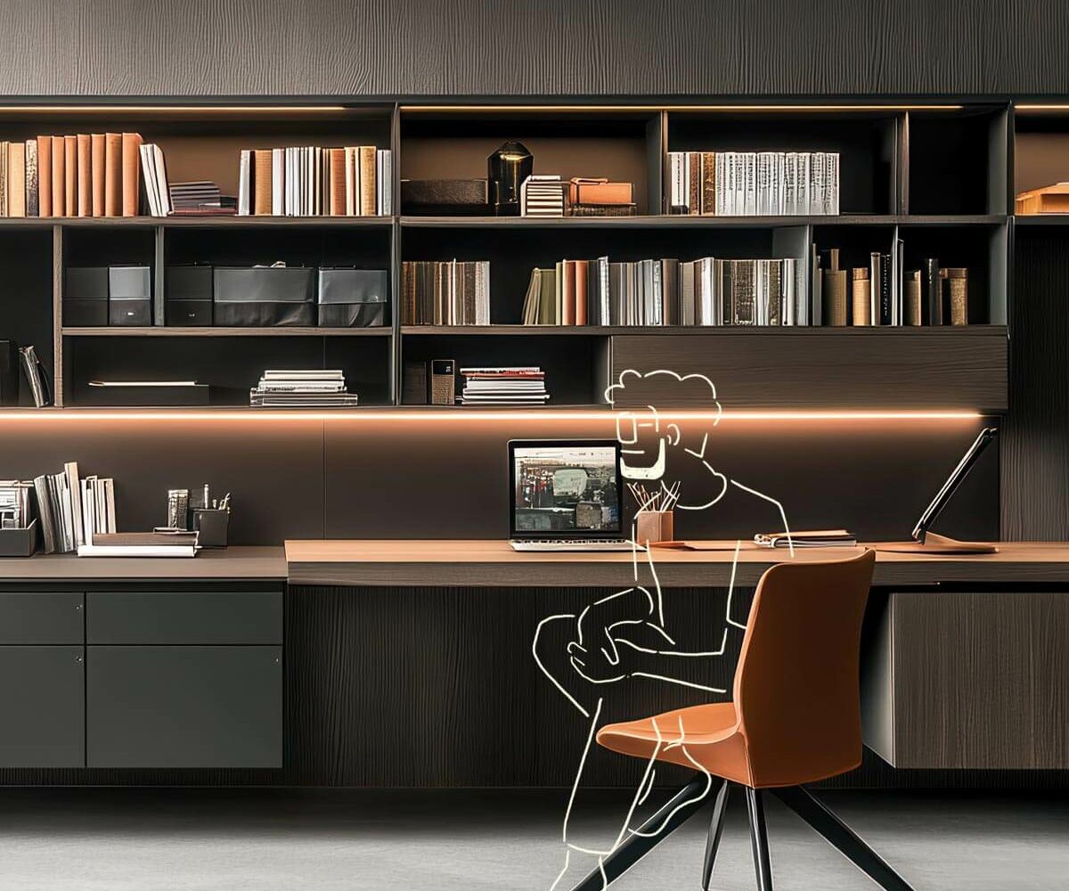 Bureau sur-mesure en bois noir pour télétravail, ambiance sombre, chic et moderne dans une maison.