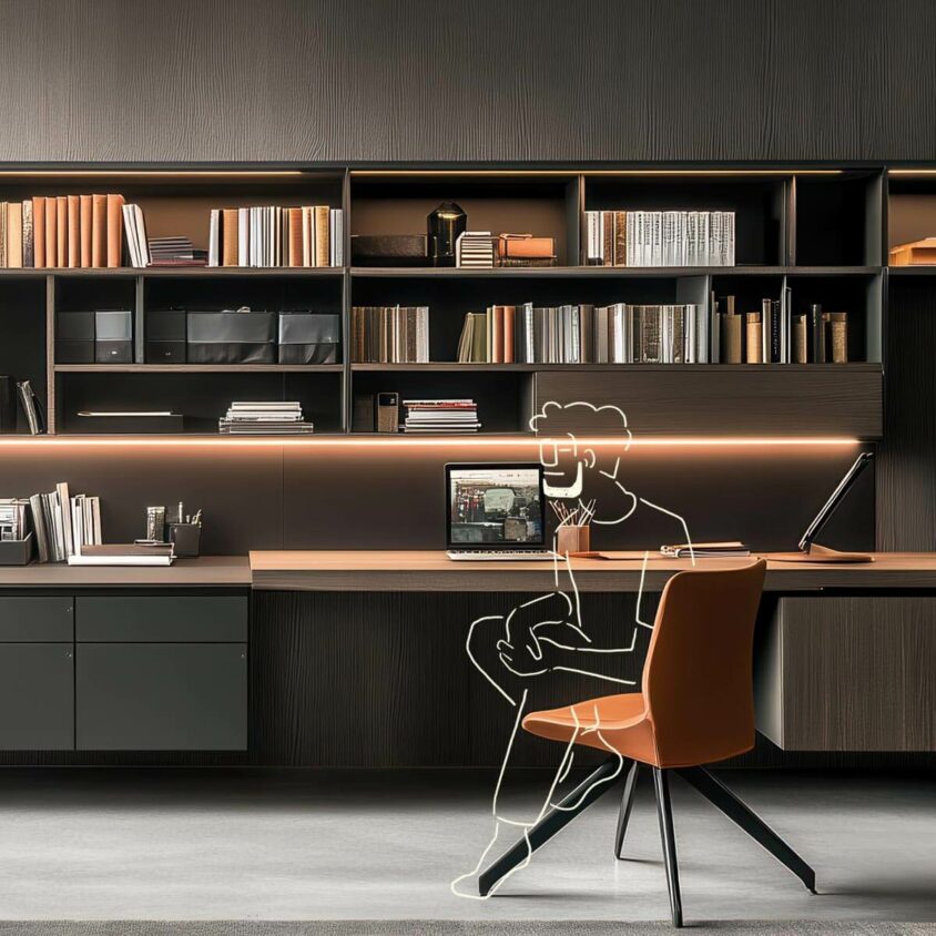 Bureau sur-mesure en bois noir pour télétravail, ambiance sombre, chic et moderne dans une maison.