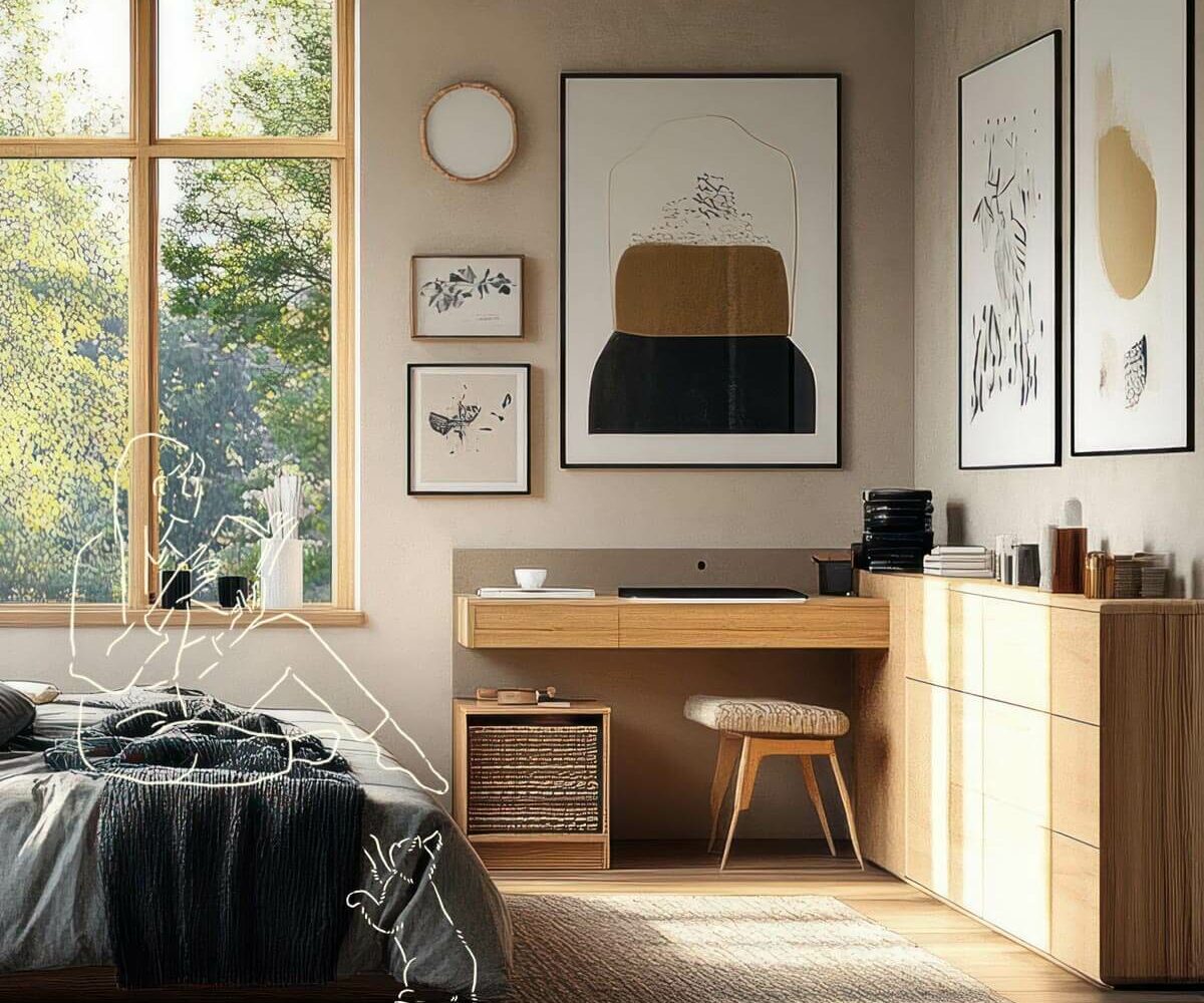 Chambre avec bureau intégré et rangements, tons neutres pour une ambiance cosy et harmonieuse.