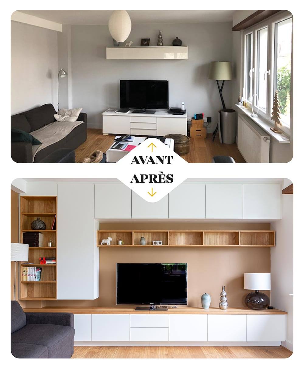 Meuble TV sur mesure bois et blanc avec blacards à Ixelles avant après