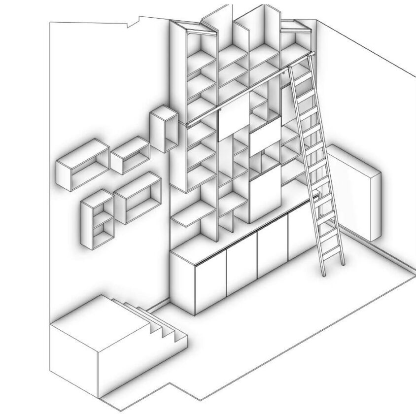Projet 3D de la bibliothèque sur mesure à Hostert vue 3D filaire