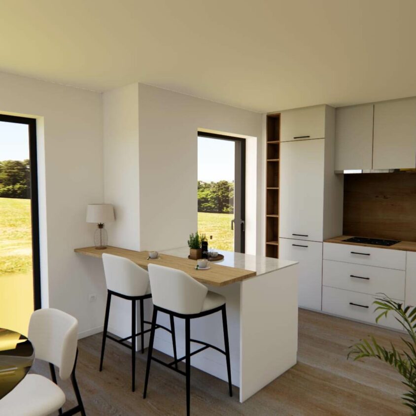 Rendu 3D ilot cuisine pour projet d'aménagement intérieur d'un appartement neuf à Hesperange