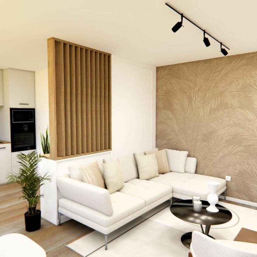 Rendu 3D soin salon pour projet d'aménagement intérieur d'un appartement neuf à Hesperange